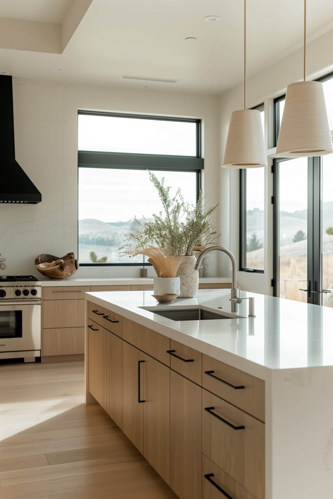 Minimalist kitchen with clean lines and neutral palette.
