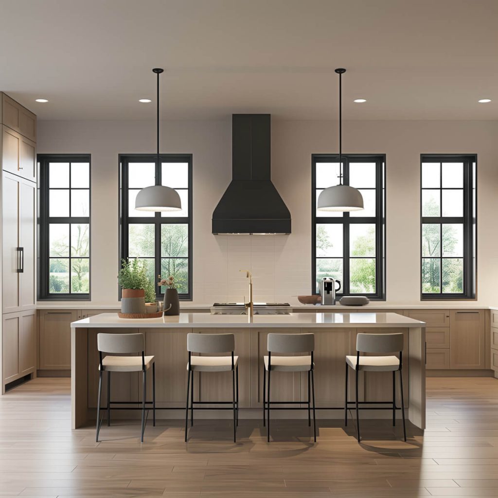 Minimalist kitchen with clean lines and neutral palette.