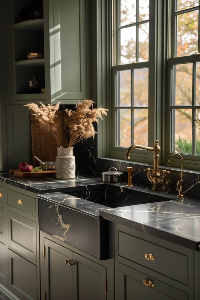 Sage green cabinets with luxurious black marble countertops in a modern kitchen.