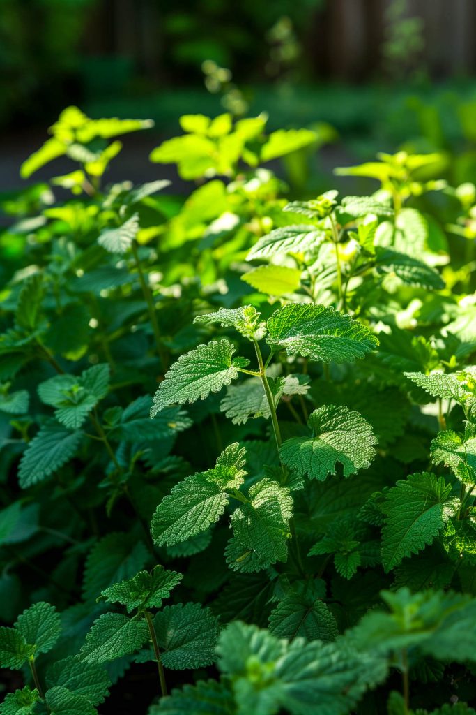 A lush catnip plant with fresh green leaves, growing in a sunny corner of a garden.