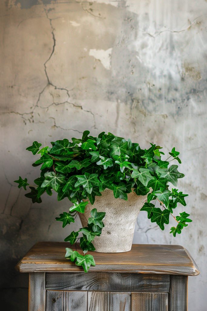 Ultra-realistic photograph of English Ivy with trailing vines in a cozy indoor setting.