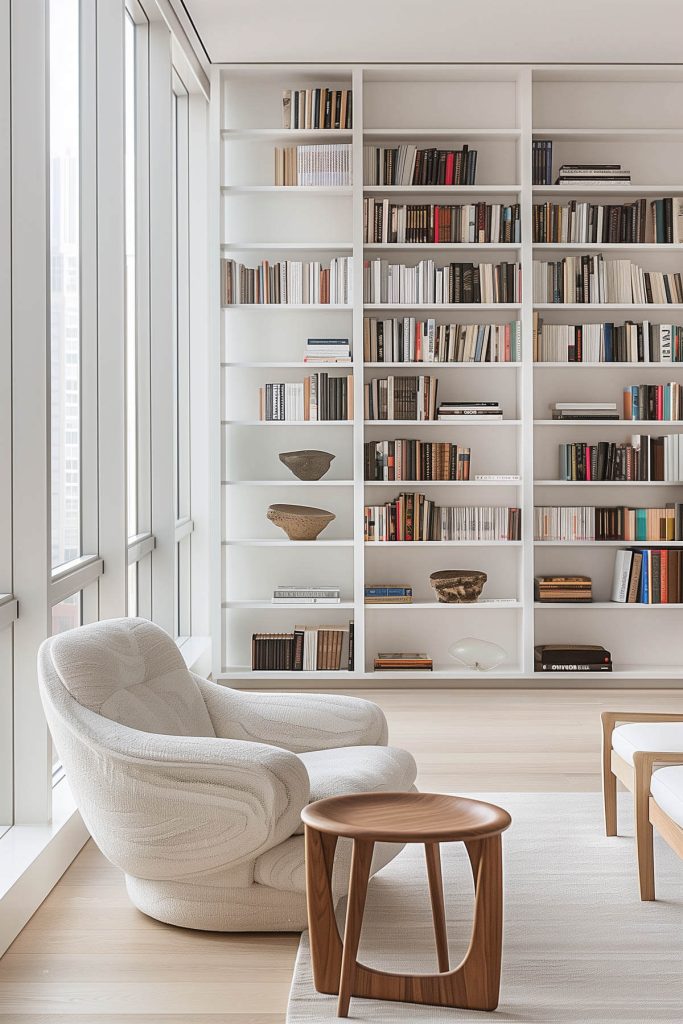 Clean, minimalist white shelves in a modern library with neutral furniture and a serene reading environment.