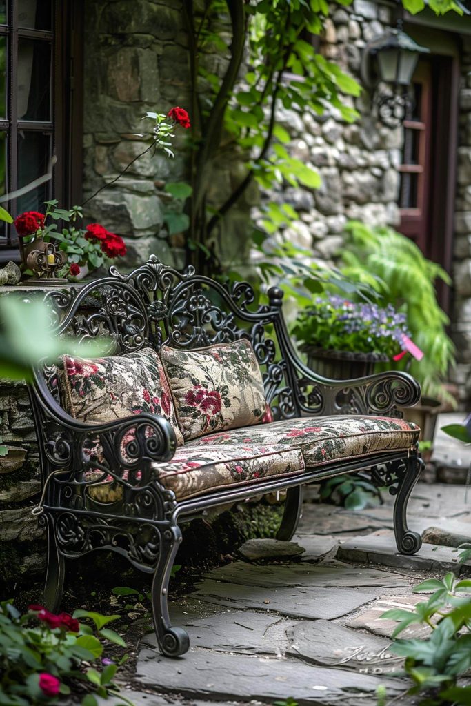 A vintage garden with repurposed items as planters and a wooden bench.