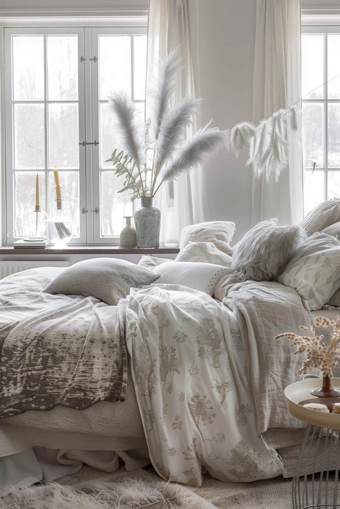 Feathers incorporated into decor such as in vases or wreaths adding a whimsical and natural element to a bedroom.