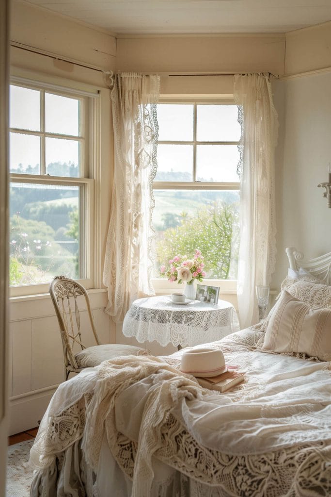 Lace tablecloths used on small tables adding a delicate and vintage touch to a bedroom.