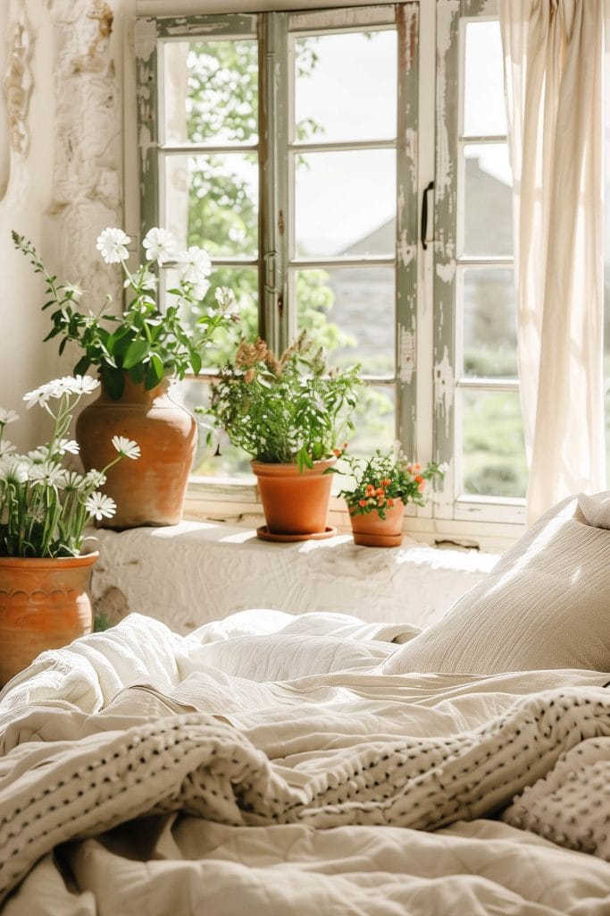 Terracotta pots used for plants adding a rustic and natural element to a bedroom.