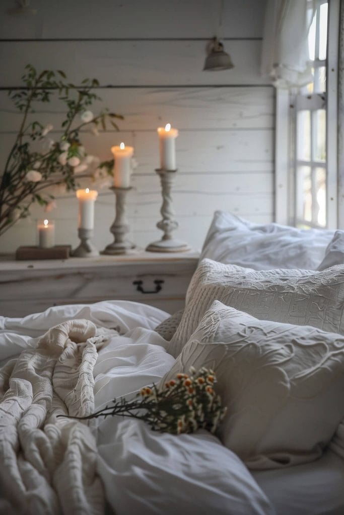 Rustic candle holders used for lighting adding a cozy and inviting glow to a bedroom.