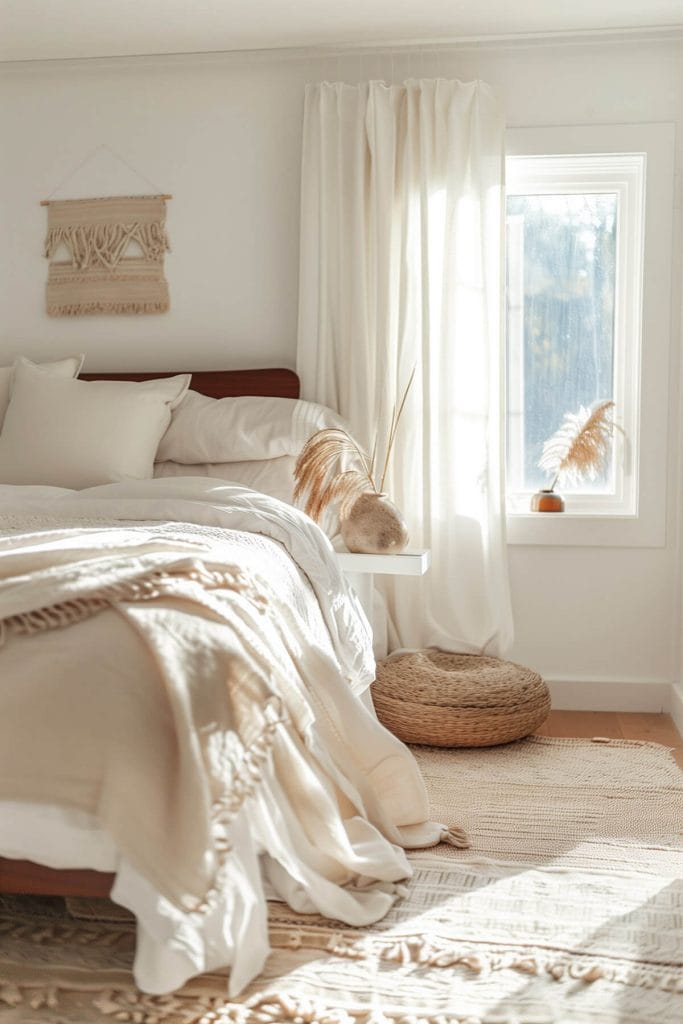 Natural fiber rugs placed on the floor adding a simple and organic touch to a bedroom.