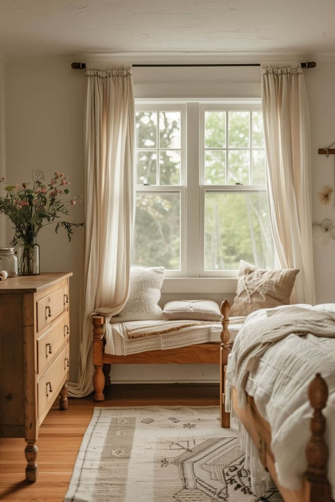 Natural fiber curtains hung by a window in a cottagecore bedroom with a wooden bed frame, quilted bedspread, vintage dresser, and a cozy window seat.