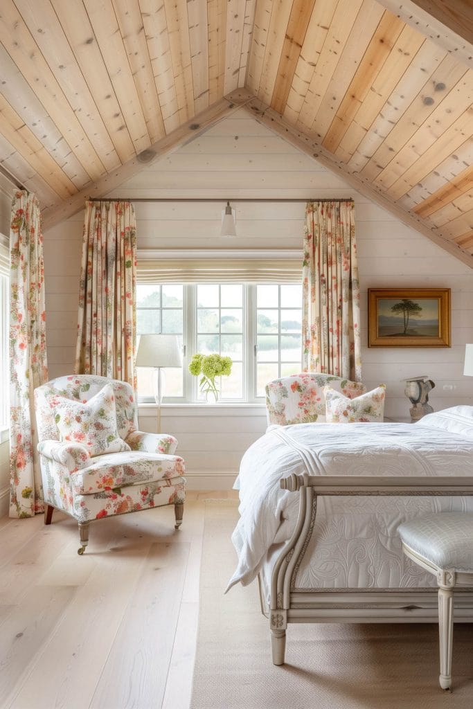 Floral print cushions used on chairs and the bed adding color and pattern to a bedroom.