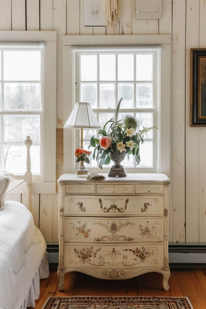 An antique dresser with ornate details providing stylish storage in a bedroom.