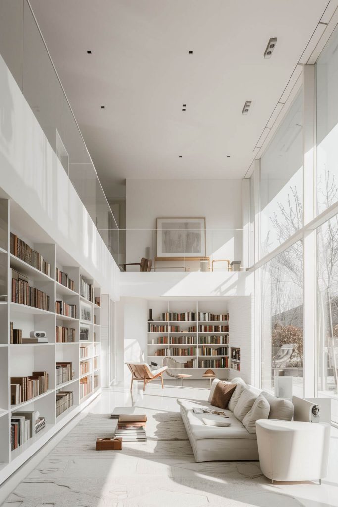 Clean, minimalist white shelves in a modern library with neutral furniture and a serene reading environment.