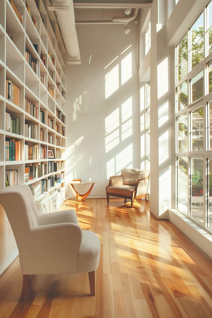 Clean, minimalist white shelves in a modern library with neutral furniture and a serene reading environment.