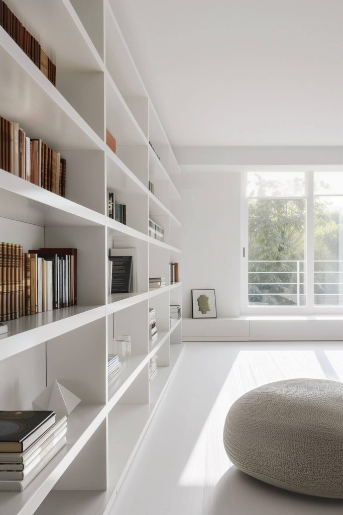 Clean, minimalist white shelves in a modern library with neutral furniture and a serene reading environment.