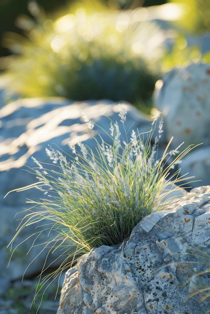 Compact blue fescue grass with blue-green foliage in a sunlit rock garden.