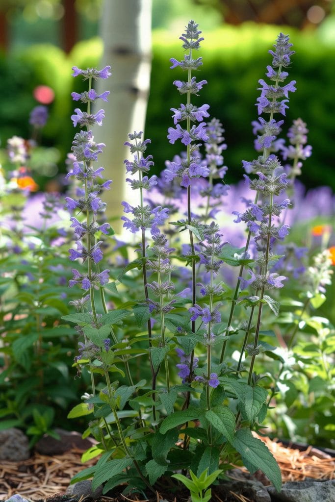 Aromatic catmint with gray-green foliage and spikes of purple flowers blooming in a sunny, well-drained garden.