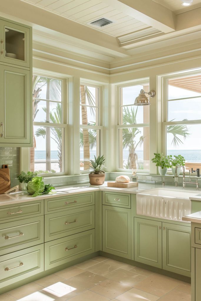 Sage green cabinets accented with sandy beige tiles and seashell-inspired hardware in a coastal kitchen.