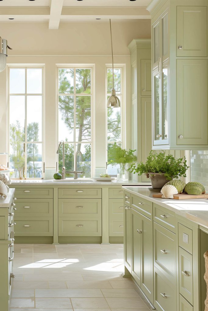 Sage green cabinets accented with sandy beige tiles and seashell-inspired hardware in a coastal kitchen.