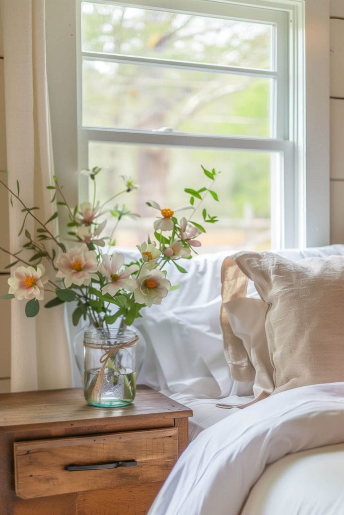 Mason jars filled with fresh flowers adding a charming touch to a bedroom.