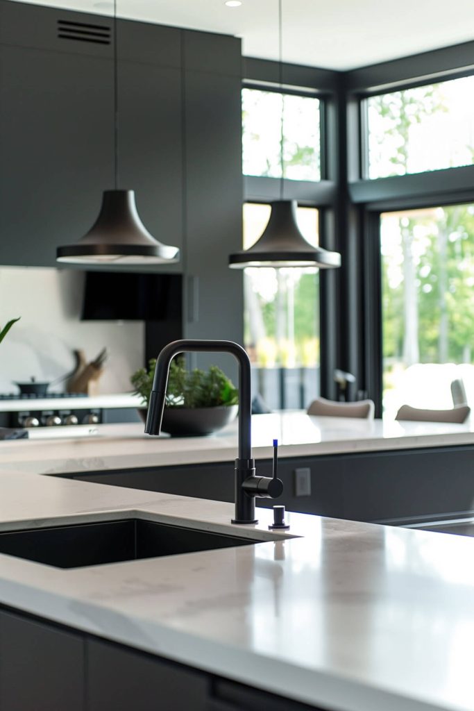 Modern kitchen with smart touchless faucet.