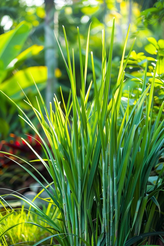 Tall lemongrass stalks swaying gently in the breeze, set against a backdrop of a tropical garden.