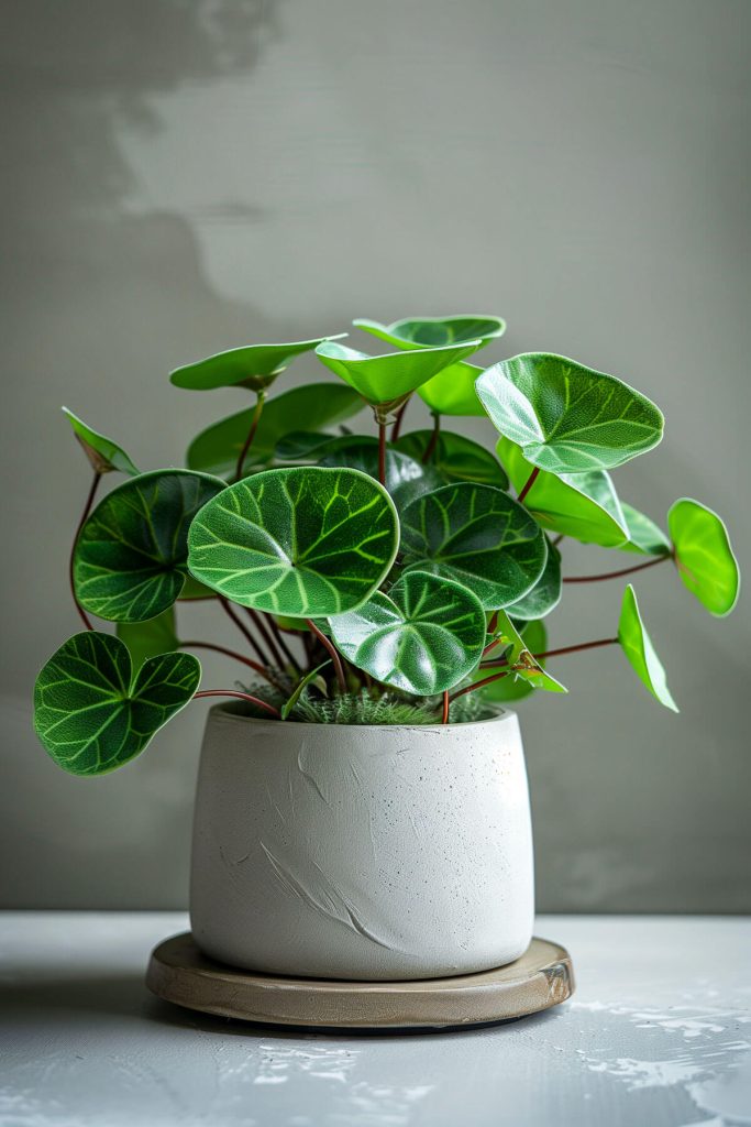 Ultra-realistic photograph of a Peperomia plant with attractive foliage in a modern indoor environment.