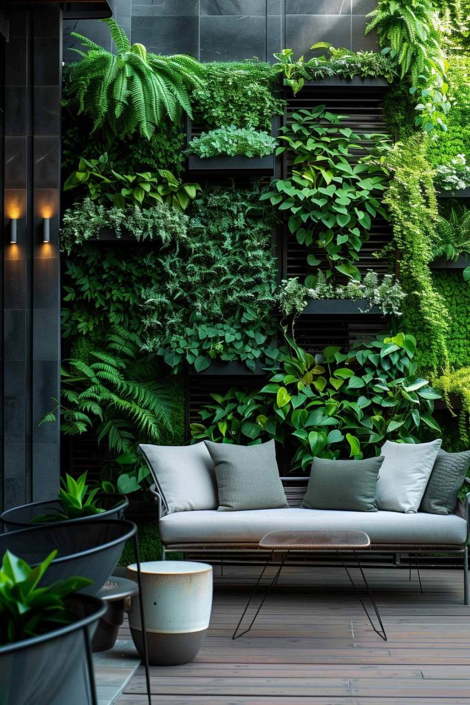 An urban jungle garden with dense greenery and modern planters.