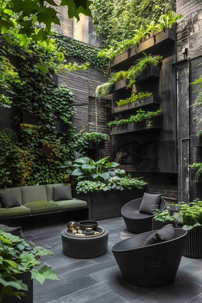 An urban jungle garden with dense greenery and modern planters.