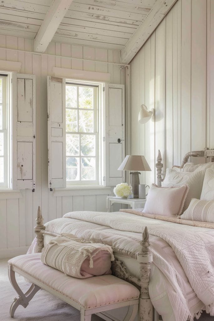 Rustic window shutters installed providing a classic and farmhouse look to a bedroom.