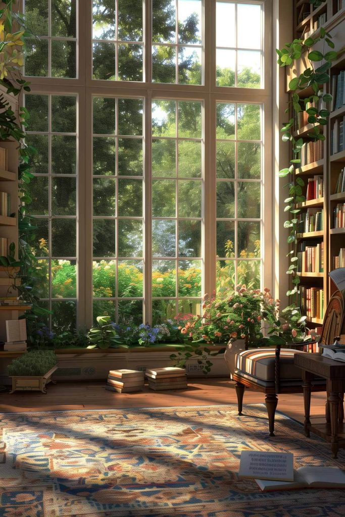 A peaceful library with large natural light from windows overlooking a lush garden, providing a beautiful backdrop for reading.