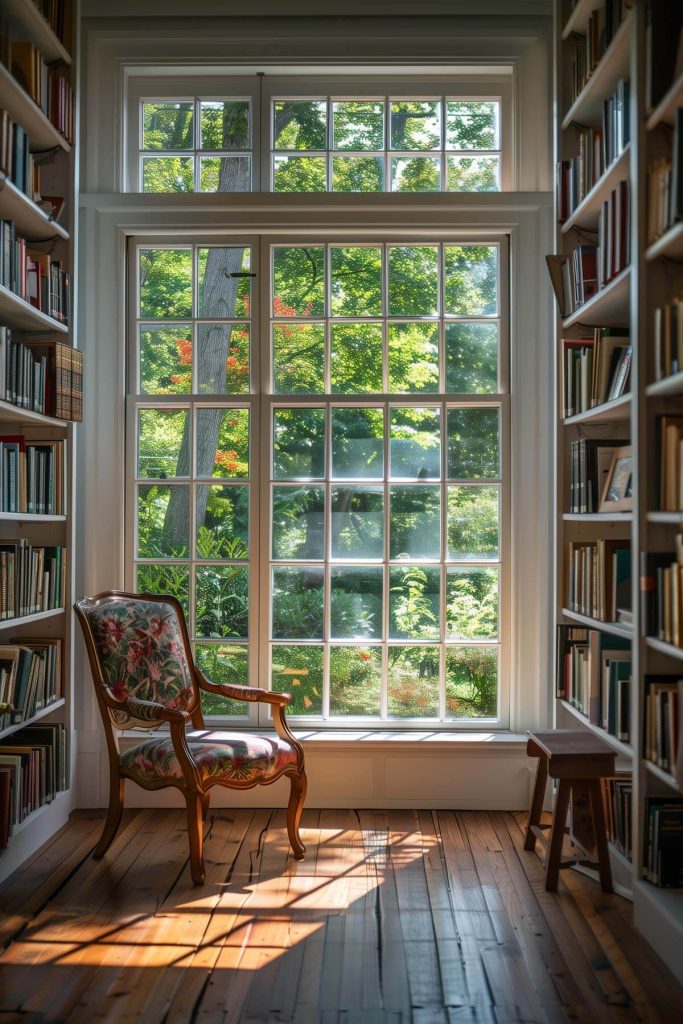 A peaceful library with large natural light from windows overlooking a lush garden, providing a beautiful backdrop for reading.