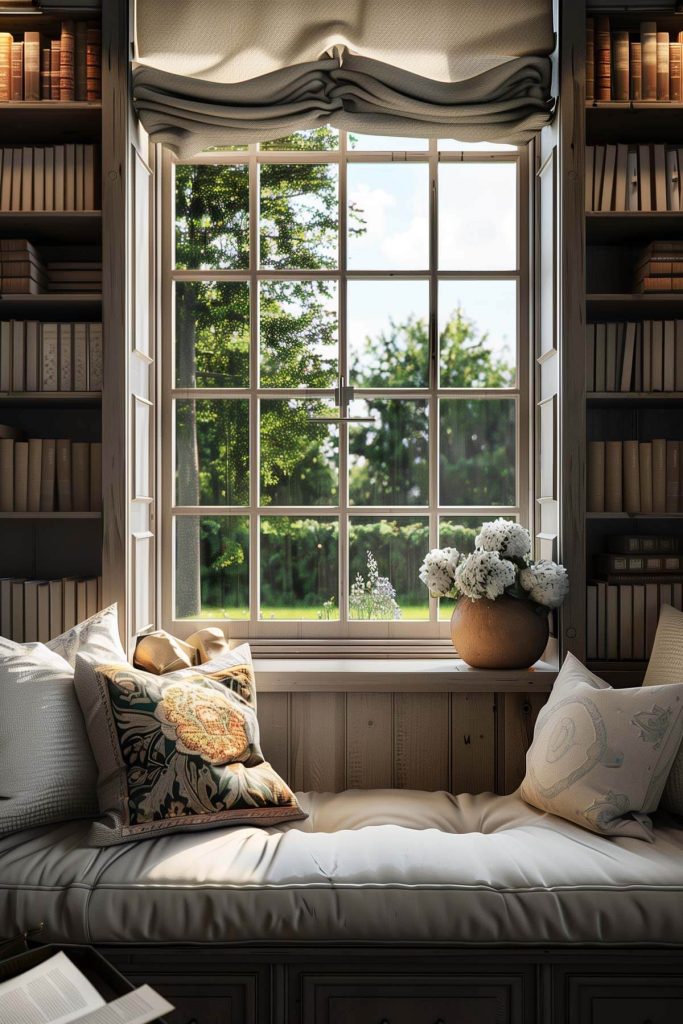 A peaceful library with large natural light from windows overlooking a lush garden, providing a beautiful backdrop for reading.