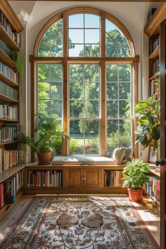 A peaceful library with large natural light from windows overlooking a lush garden, providing a beautiful backdrop for reading.