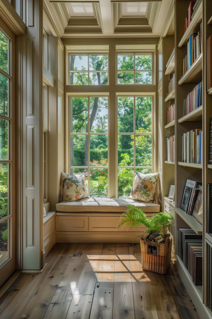 A peaceful library with large natural light from windows overlooking a lush garden, providing a beautiful backdrop for reading.