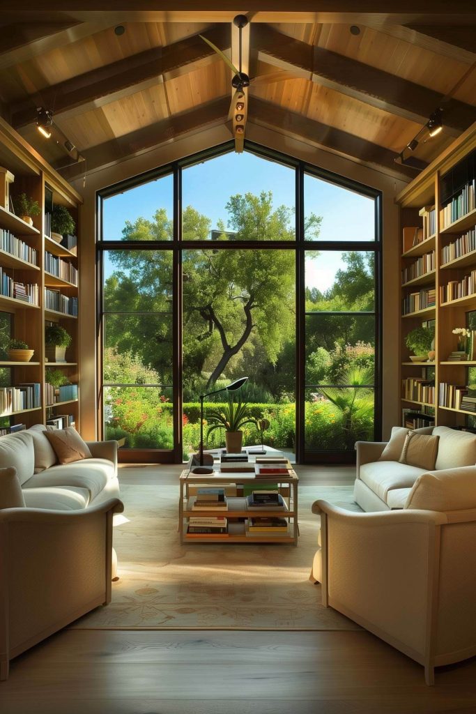 A peaceful library with large natural light from windows overlooking a lush garden, providing a beautiful backdrop for reading.