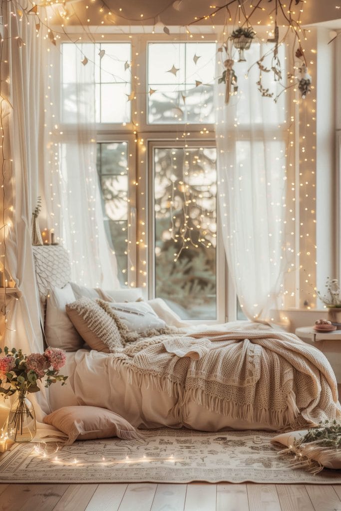 Fairy lights strung around a bedroom creating a magical, twinkling atmosphere.