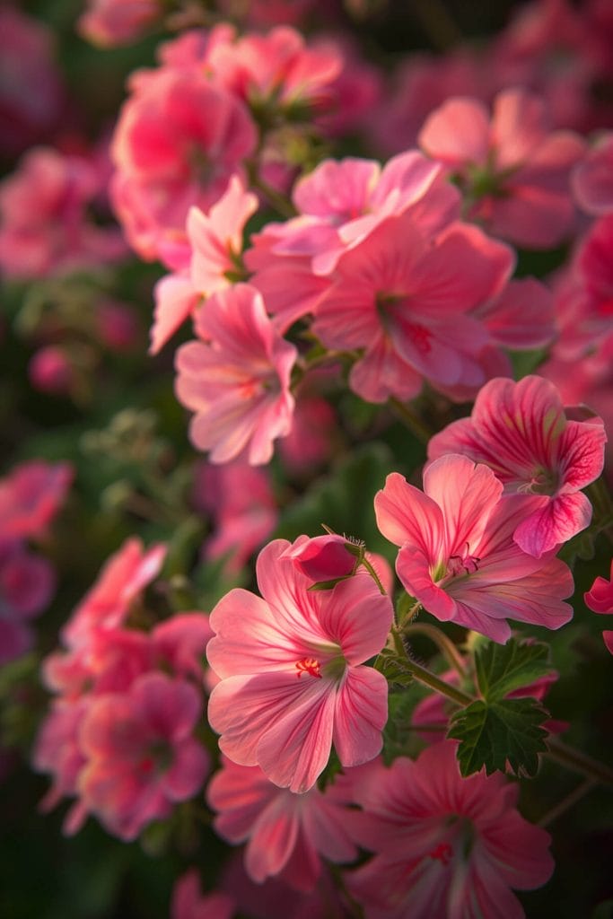 Low-growing cranesbill geraniums with delicate flowers in pink, blooming in a sunny to partially shaded garden.