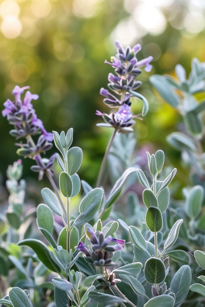 Soft, silvery leaves and small purple flowers of lamb's ear against a blurred garden background.