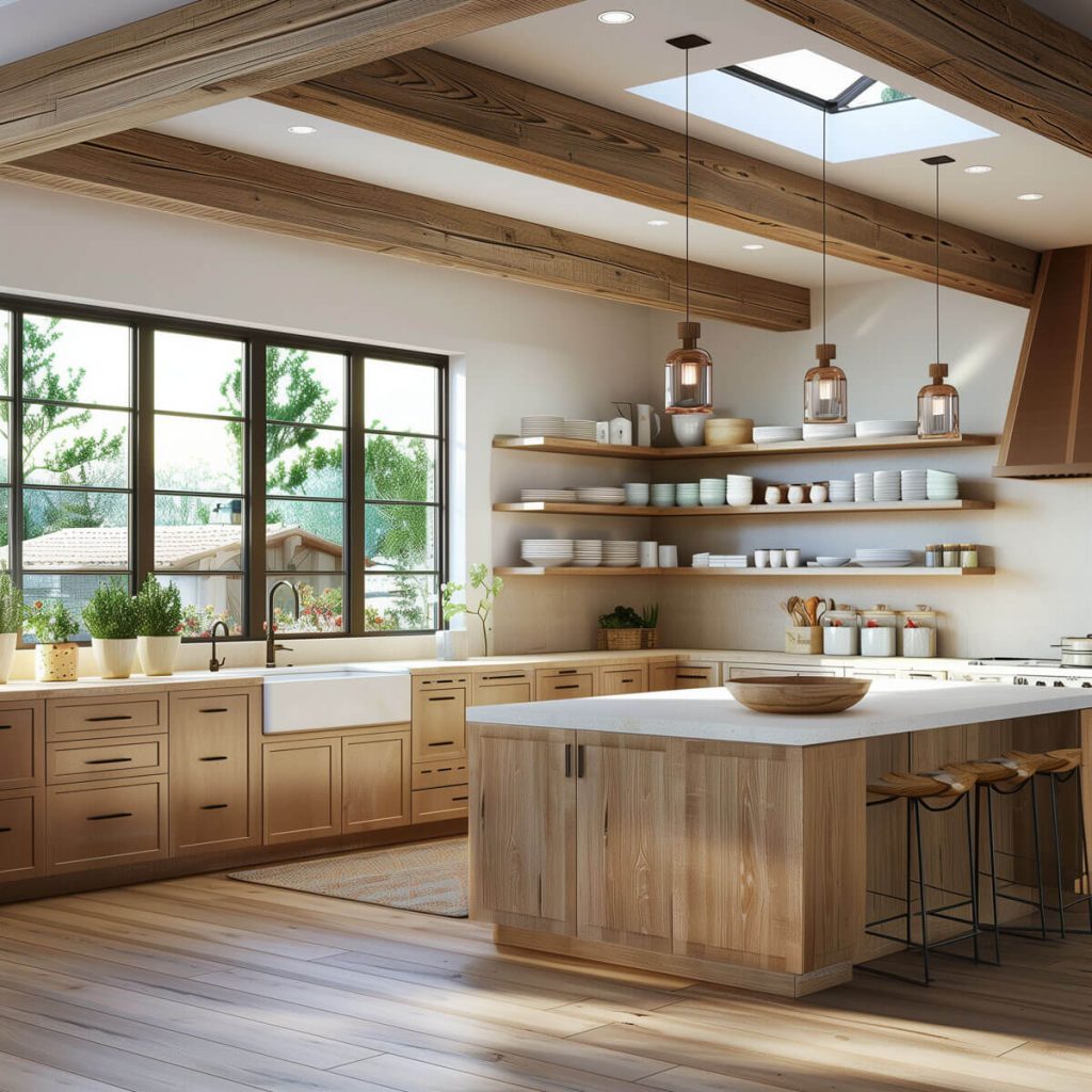 Kitchen with natural wood beams and open shelving.