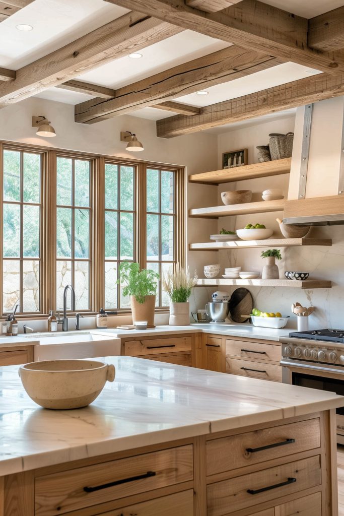 Kitchen with natural wood beams and open shelving.