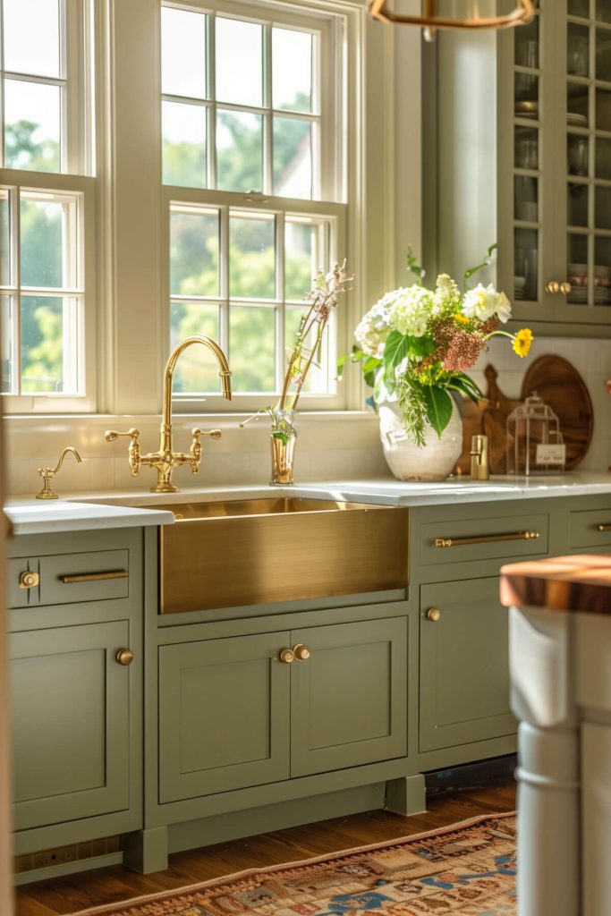 Sage green cabinets paired with a brass farmhouse sink in a warm, stylish kitchen.