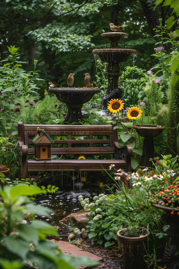 A bird sanctuary garden with bird feeders, birdbaths, and nesting boxes.