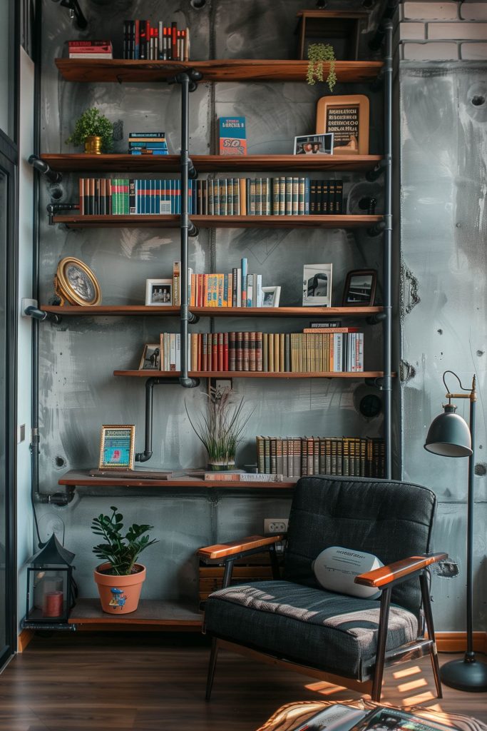 Sturdy and stylish industrial pipe shelving units in an urban-inspired library.