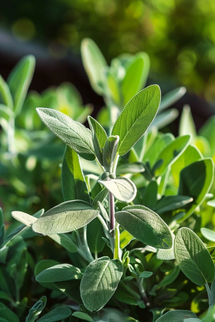 A sage plant with velvety, gray-green leaves, growing in a well-tended herb garden under bright sunlight.