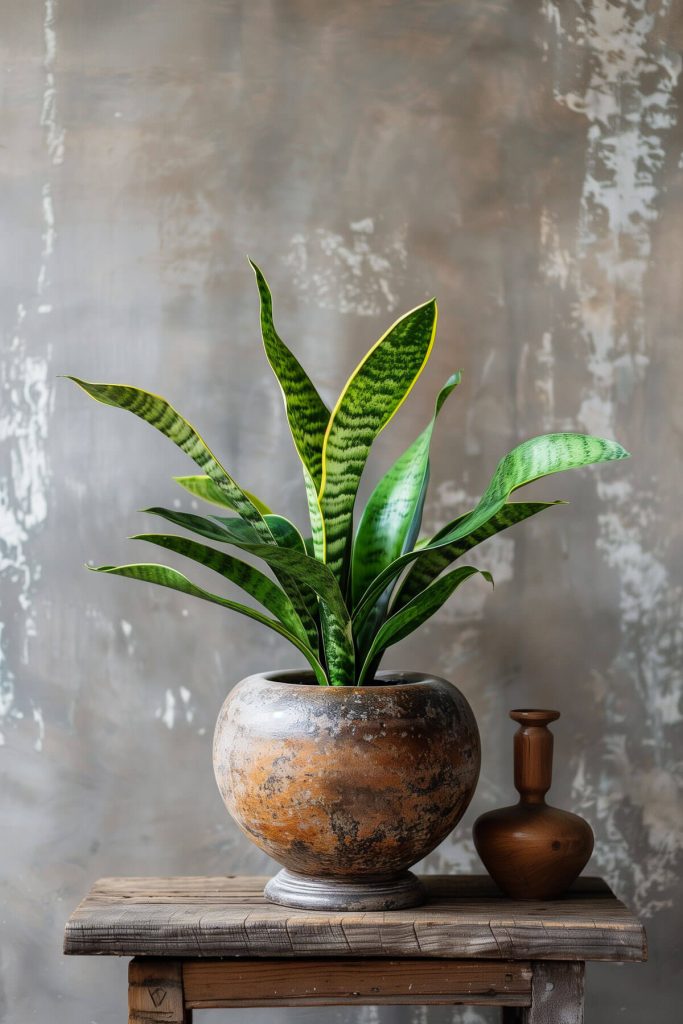 Ultra-realistic photograph of a Snake Plant with upright, sword-like leaves in a chic indoor space.