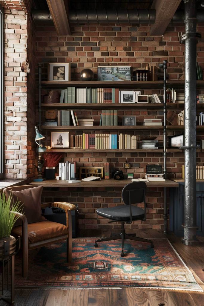 Sturdy and stylish industrial pipe shelving units in an urban-inspired library.