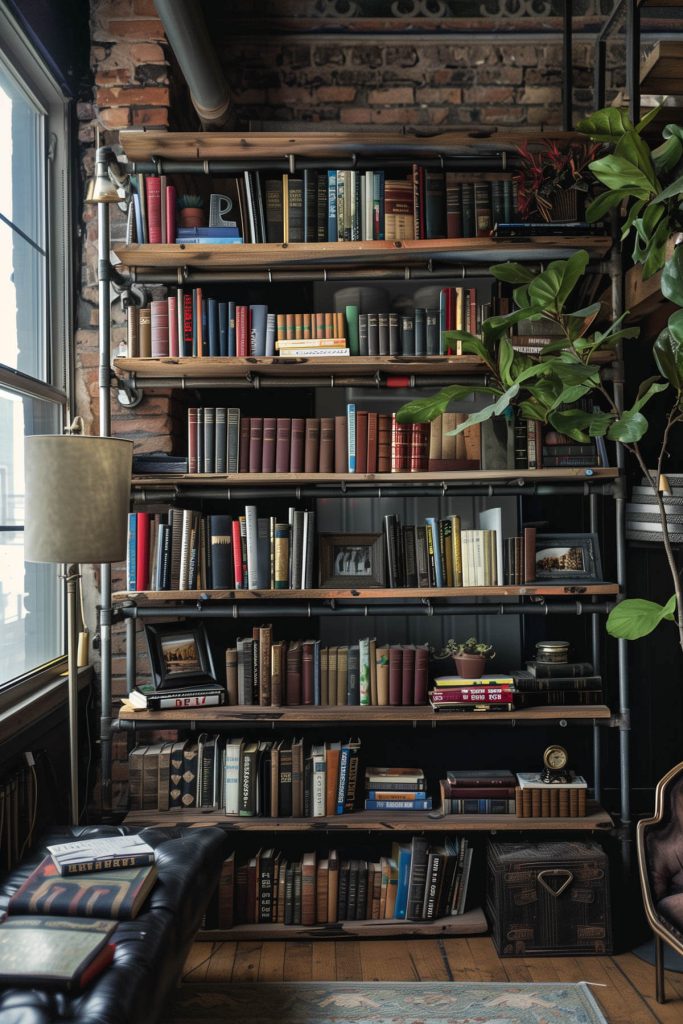 Sturdy and stylish industrial pipe shelving units in an urban-inspired library.