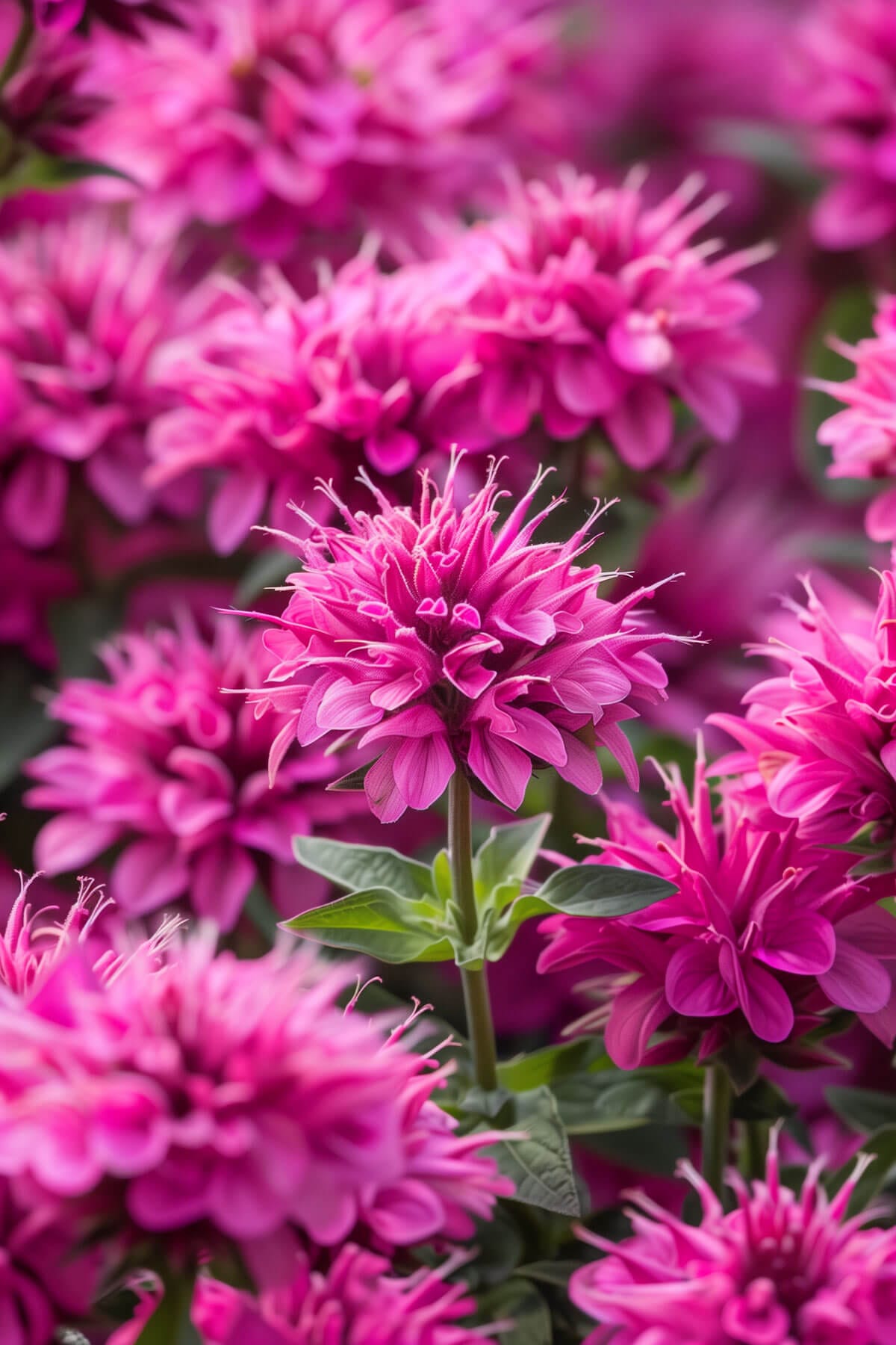 Vibrant tubular bee balm flowers in pink, and purple attracting bees, butterflies, and hummingbirds in a sunny garden.