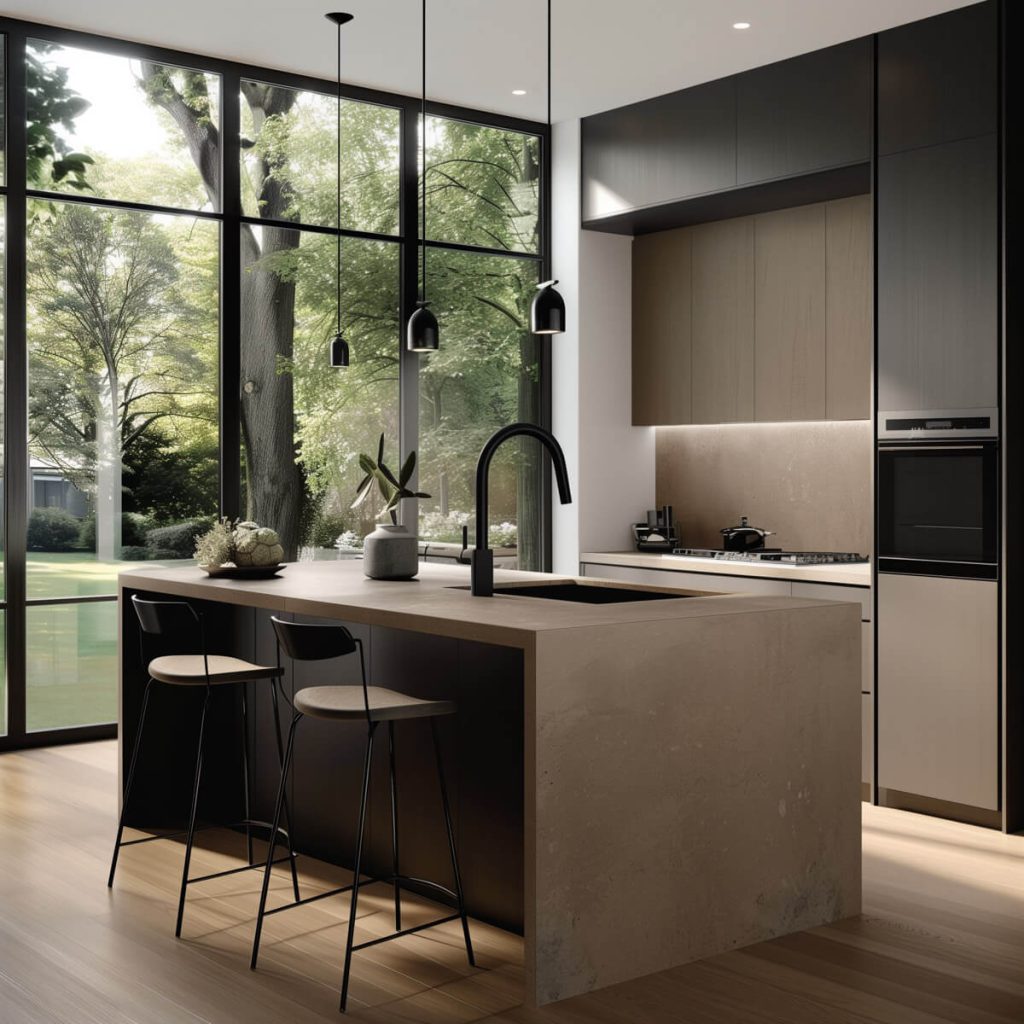 Kitchen with matte black fixtures and hardware.