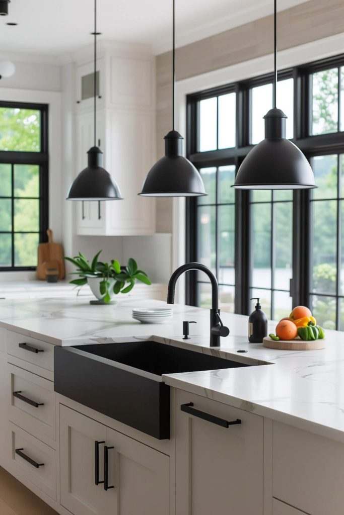 Kitchen with matte black fixtures and hardware.